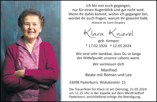 Traueranzeige von Klara Knievel von Neue Westfälische