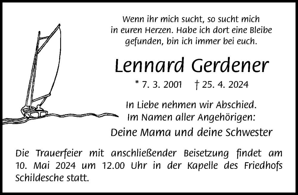  Traueranzeige für Lennard Gerdener vom 04.05.2024 aus Neue Westfälische