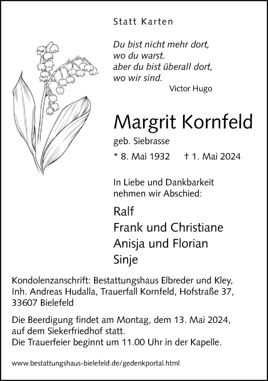 Traueranzeige von Margrit Kornfeld von Neue Westfälische