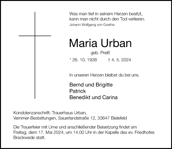 Traueranzeige von Maria Urban von Neue Westfälische