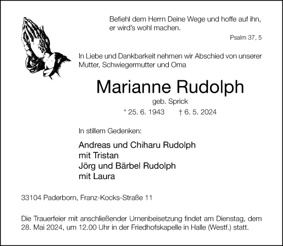 Traueranzeige von Marianne Rudolph von Neue Westfälische