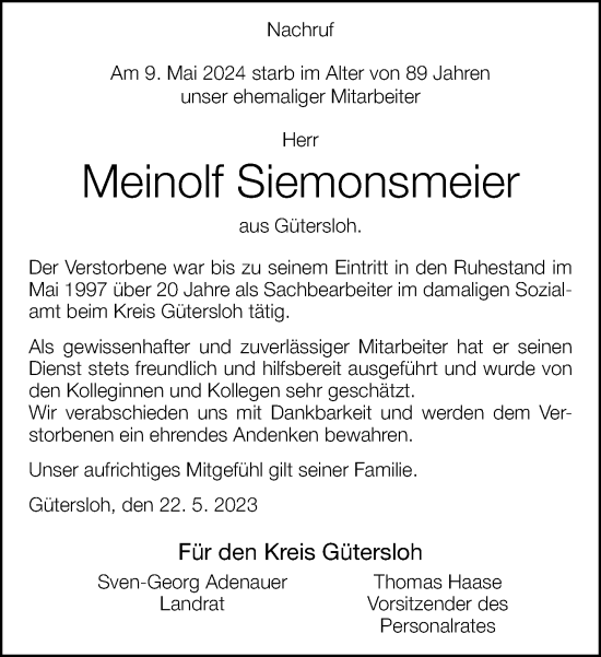 Traueranzeige von Meinolf Siemonsmeier von Neue Westfälische