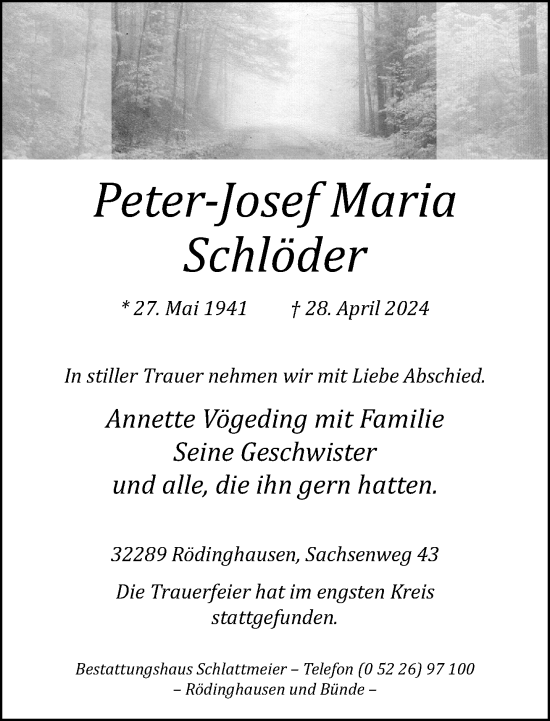Traueranzeige von Peter-Josef Maria Schlöder von Neue Westfälische