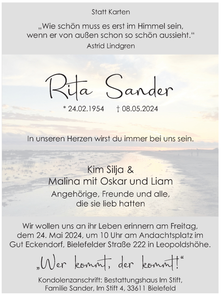  Traueranzeige für Rita Sander vom 18.05.2024 aus Neue Westfälische