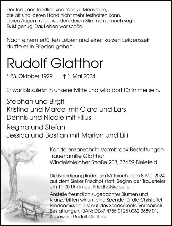 Traueranzeige von Rudolf Glatthor von Neue Westfälische