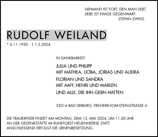 Traueranzeige von Rudolf Weiland von Neue Westfälische