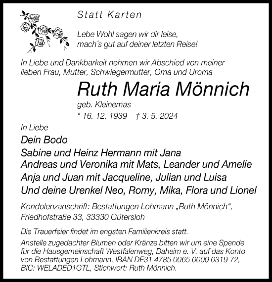 Traueranzeige von Ruth Maria Mönnich von Neue Westfälische
