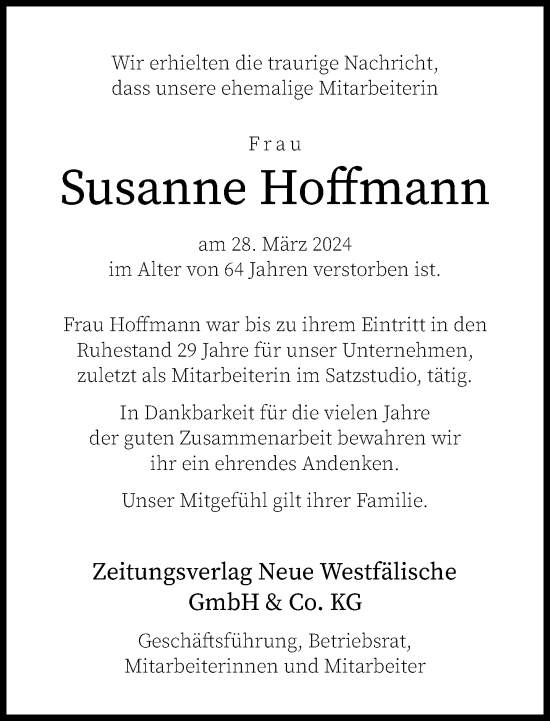 Traueranzeige von Susanne Hoffmann von Neue Westfälische