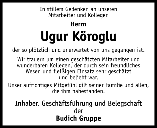 Traueranzeige von Ugur Köroglu von Neue Westfälische