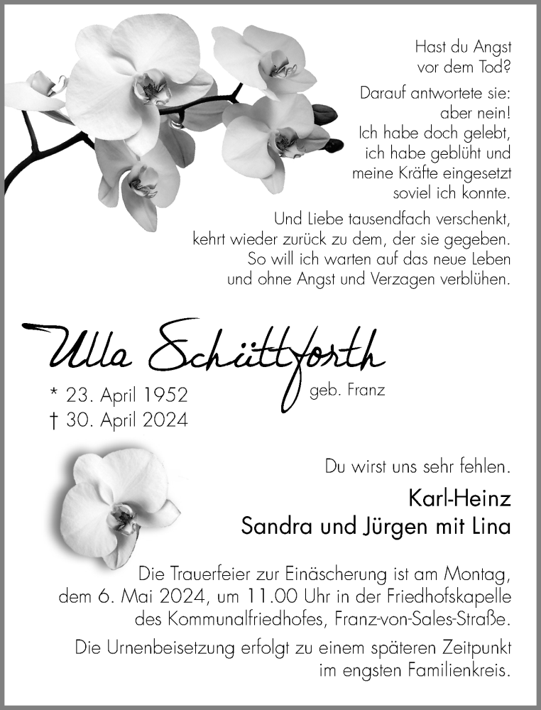  Traueranzeige für Ulla Schüttforth vom 03.05.2024 aus Neue Westfälische