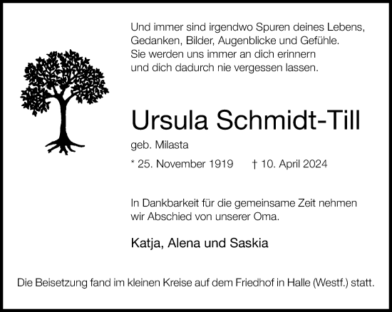Traueranzeige von Ursula Schmidt-Till von Neue Westfälische