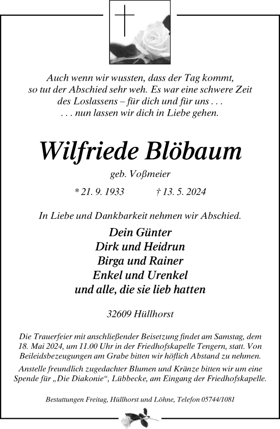 Traueranzeige von Wilfriede Blöbaum von Neue Westfälische