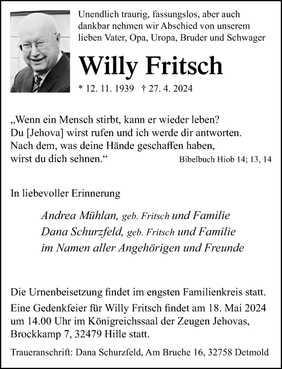 Traueranzeige von Willy Fritsch von Neue Westfälische