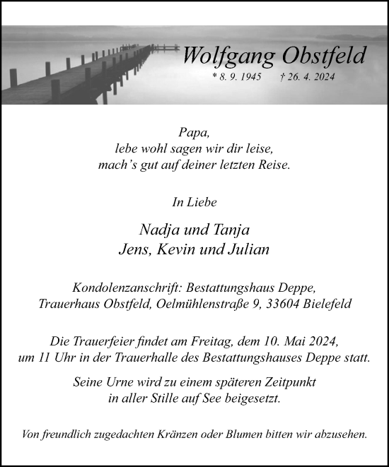 Traueranzeige von Wolfgang Obstfeld von Neue Westfälische