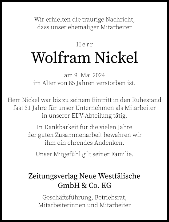 Traueranzeige von Wolfram Nickel von Neue Westfälische