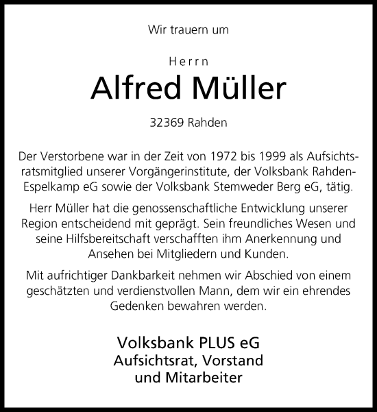 Traueranzeige von Alfred Müller von Neue Westfälische