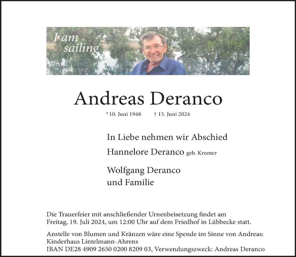  Traueranzeige für Andreas Deranco vom 29.06.2024 aus Neue Westfälische