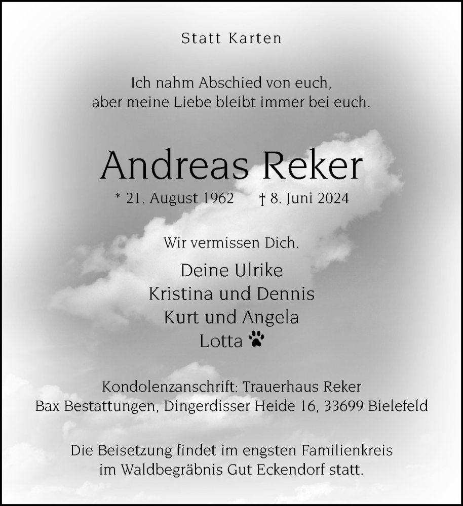  Traueranzeige für Andreas Reker vom 15.06.2024 aus Neue Westfälische