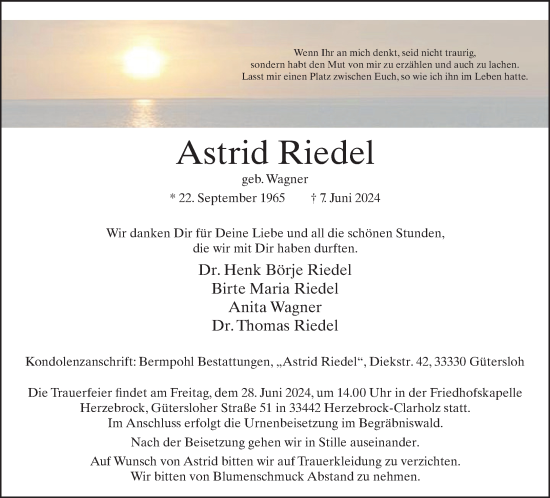 Traueranzeige von Astrid Riedel von Neue Westfälische