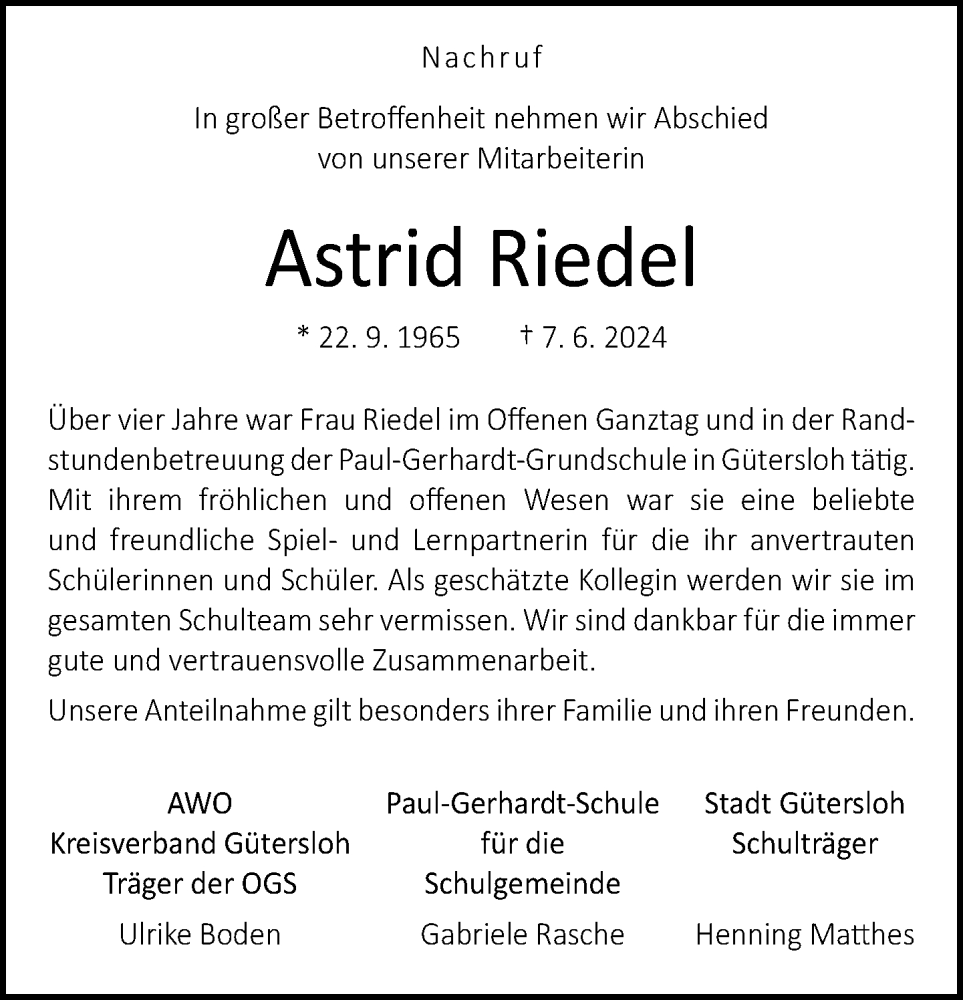  Traueranzeige für Astrid Riedel vom 15.06.2024 aus Neue Westfälische