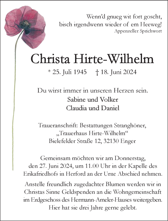 Traueranzeige von Christa Hirte-Wilhelm von Neue Westfälische