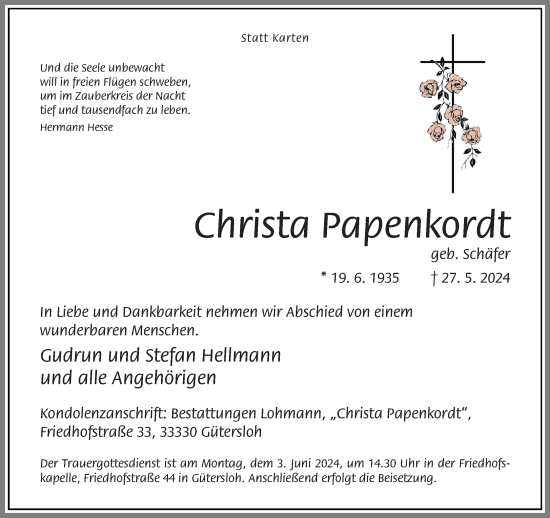Traueranzeige von Christa Papenkordt von Neue Westfälische