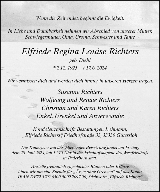 Traueranzeige von Elfriede Regina Louise Richters von Neue Westfälische