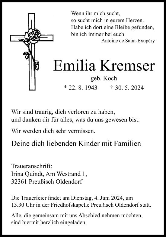 Traueranzeige von Emilia Kremser von Neue Westfälische