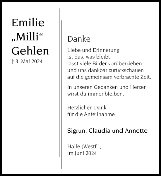 Traueranzeige von Emilie Gehlen von Neue Westfälische