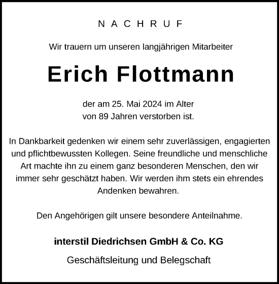 Traueranzeige von Erich Flottmann von Neue Westfälische