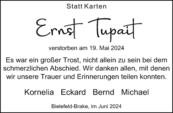 Traueranzeige von Ernst Tupait von Neue Westfälische