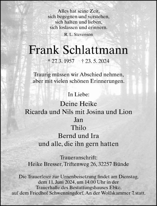 Traueranzeige von Frank Schlattmann von Neue Westfälische