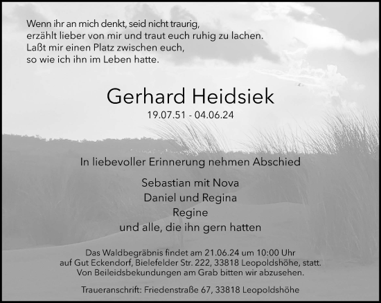Traueranzeige von Gerhard Heidsiek von Neue Westfälische