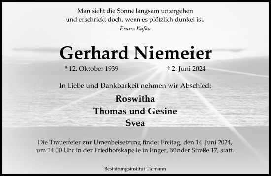 Traueranzeige von Gerhard Niemeier von Neue Westfälische
