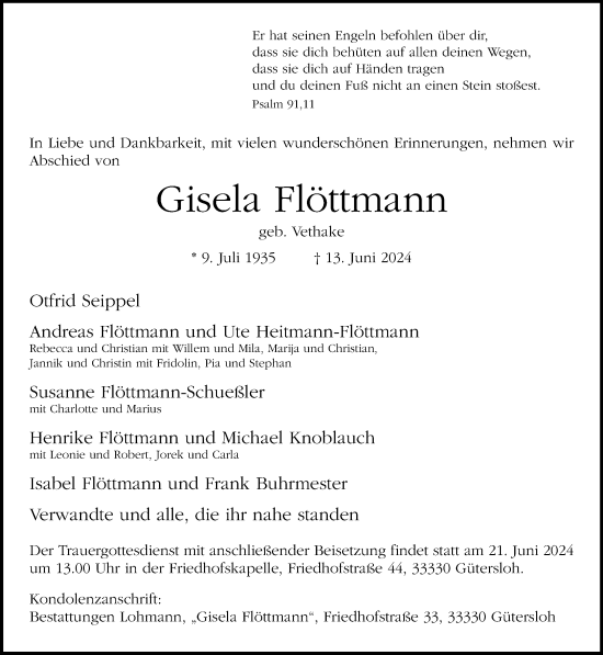 Traueranzeige von Gisela Flöttmann von Neue Westfälische