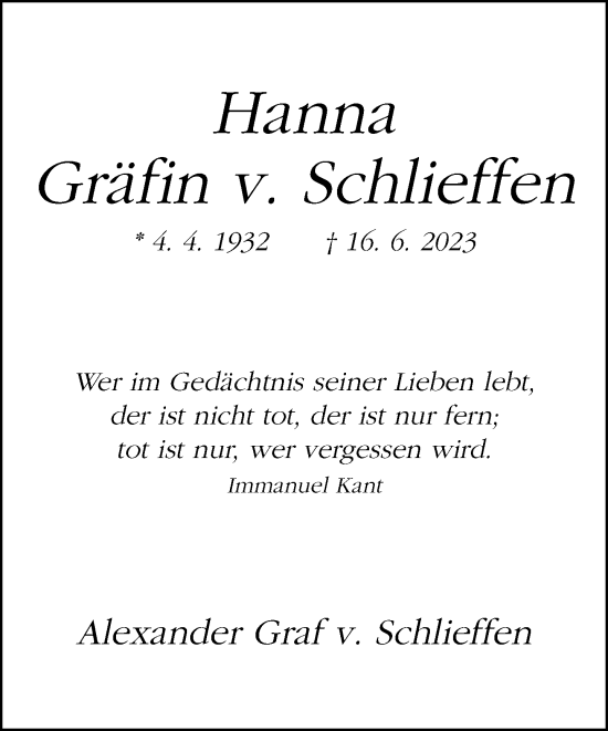 Traueranzeige von Hanna Gräfin v. Schlieffen von Neue Westfälische