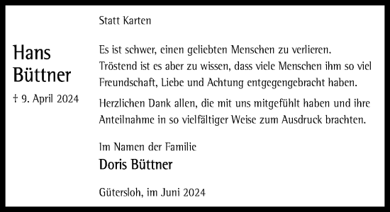 Traueranzeige von Hans Büttner