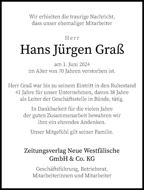 Traueranzeige von Hans Jürgen Graß von Neue Westfälische