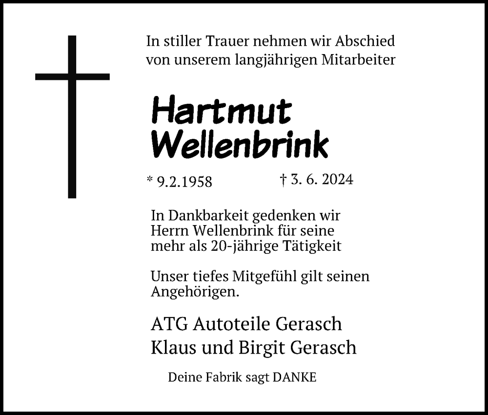  Traueranzeige für Hartmut Wellenbrink vom 08.06.2024 aus Neue Westfälische