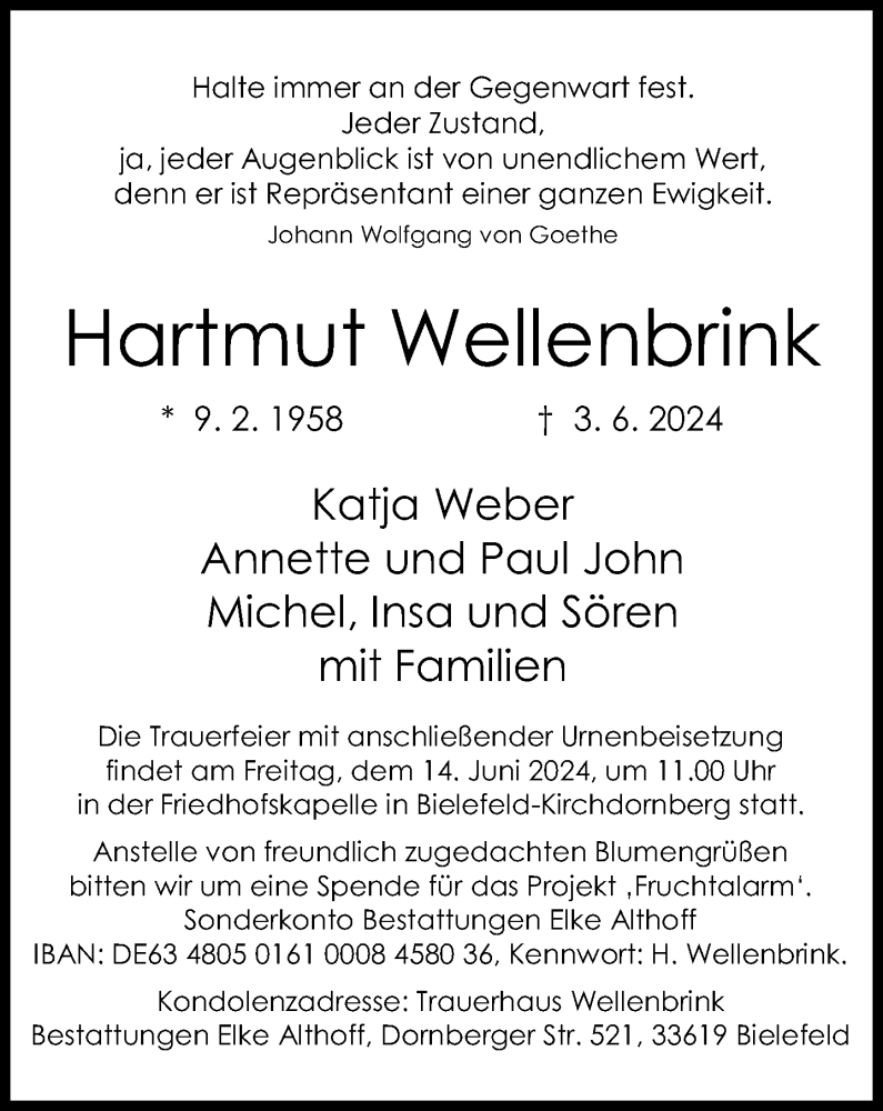  Traueranzeige für Hartmut Wellenbrink vom 08.06.2024 aus Neue Westfälische