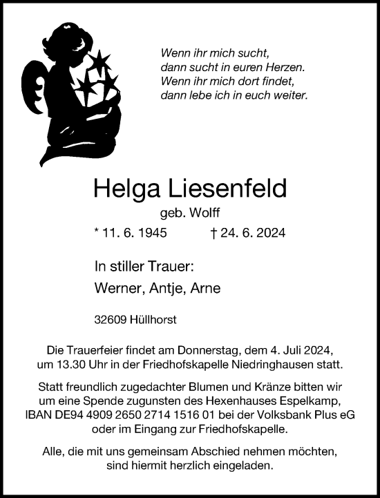 Traueranzeige von Helga Liesenfeld von Neue Westfälische