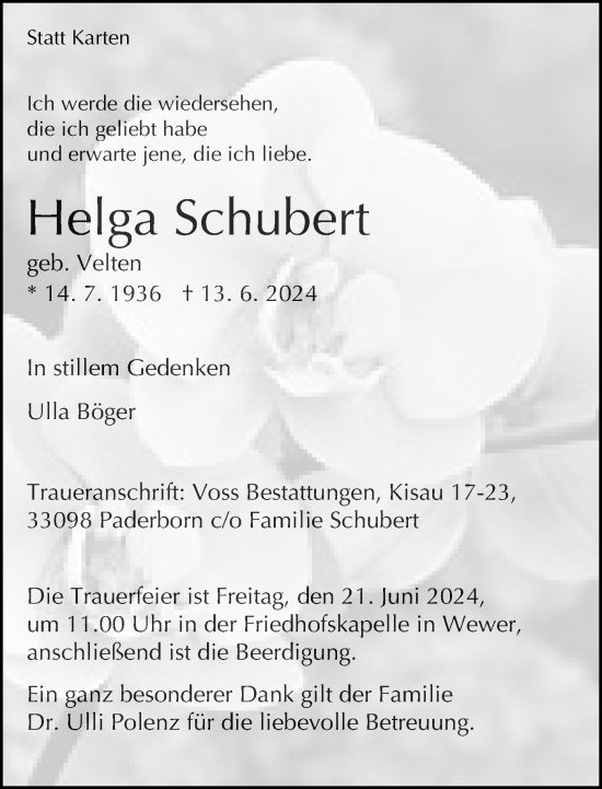 Traueranzeige von Helga Schubert von Neue Westfälische