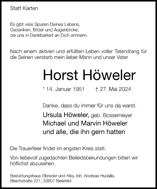 Traueranzeige von Horst Höweler von Neue Westfälische