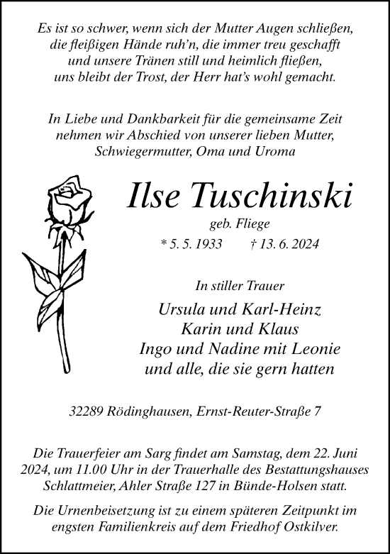 Traueranzeige von Ilse Tuschinski von Neue Westfälische