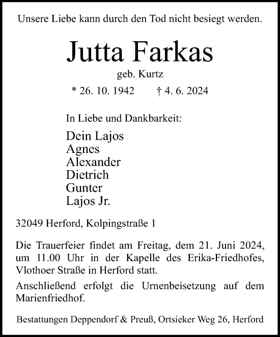 Traueranzeige von Jutta Farkas von Neue Westfälische