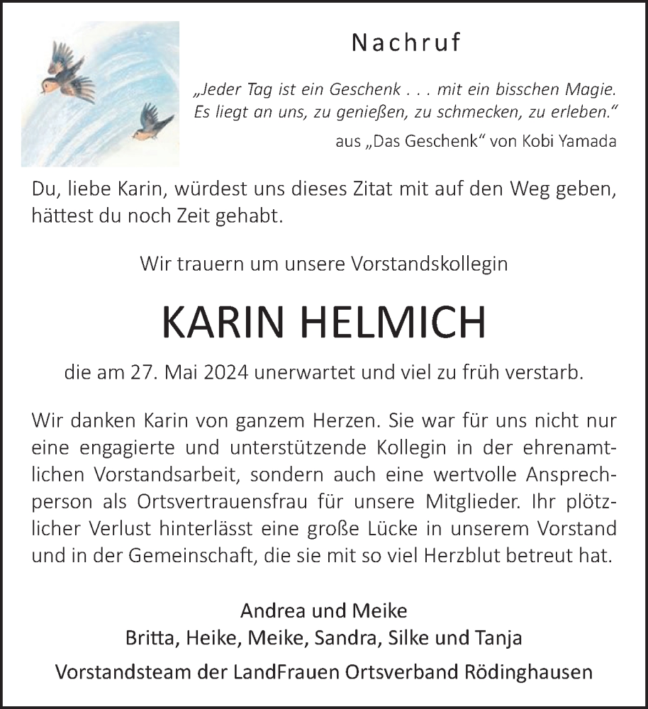  Traueranzeige für Karin Helmich vom 08.06.2024 aus Neue Westfälische