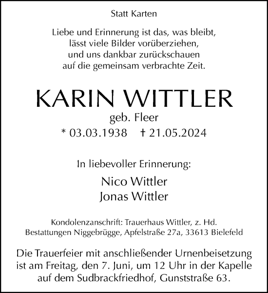 Traueranzeige von Karin Wittler von Neue Westfälische