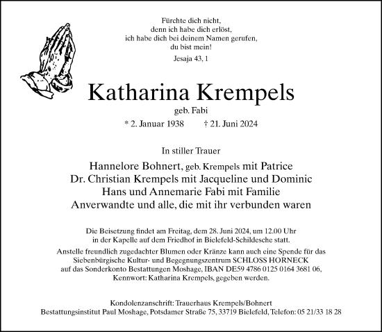 Traueranzeige von Katharina Krempels von Neue Westfälische