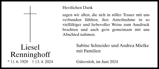 Traueranzeige von Liesel Renninghoff von Neue Westfälische