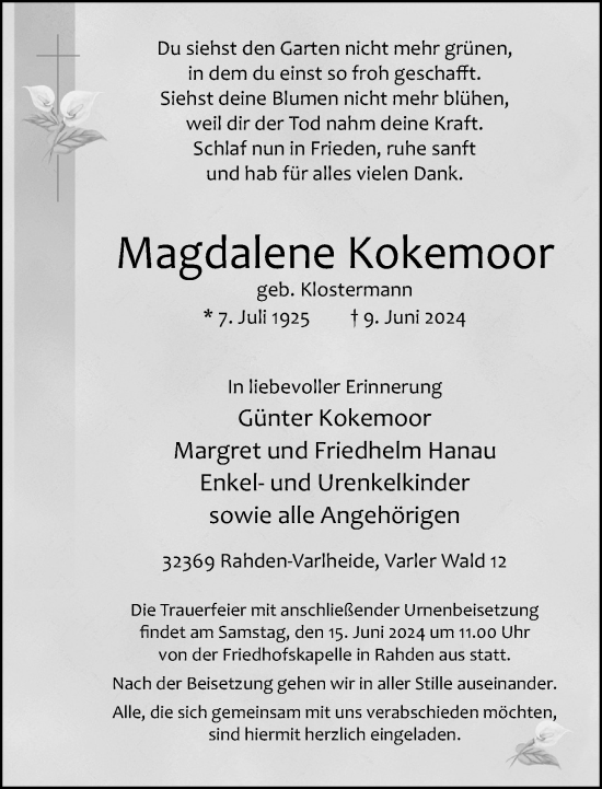 Traueranzeige von Magdalene Kokemoor von Neue Westfälische